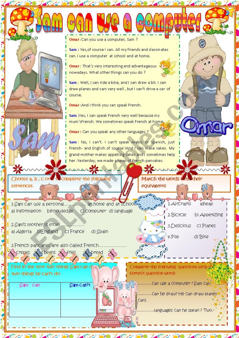 Sam can use a computer. worksheet
