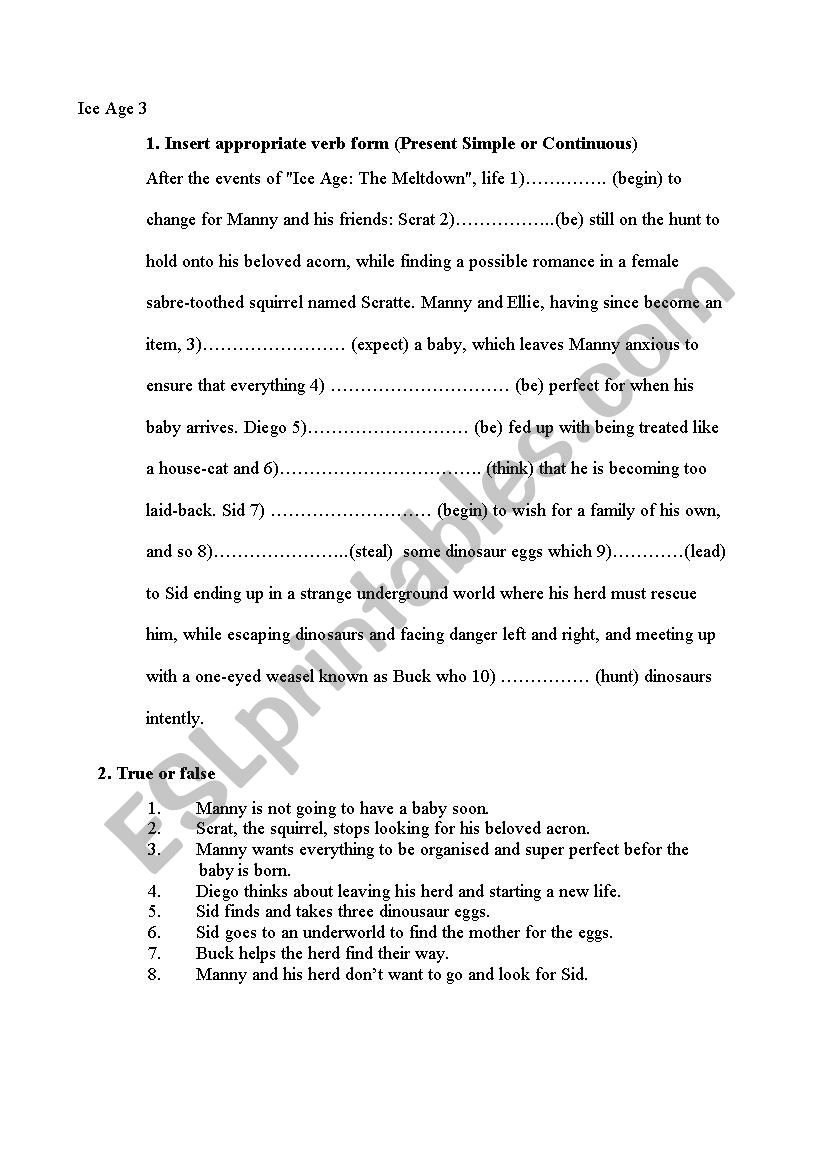 Ice Age 3 Worksheet worksheet