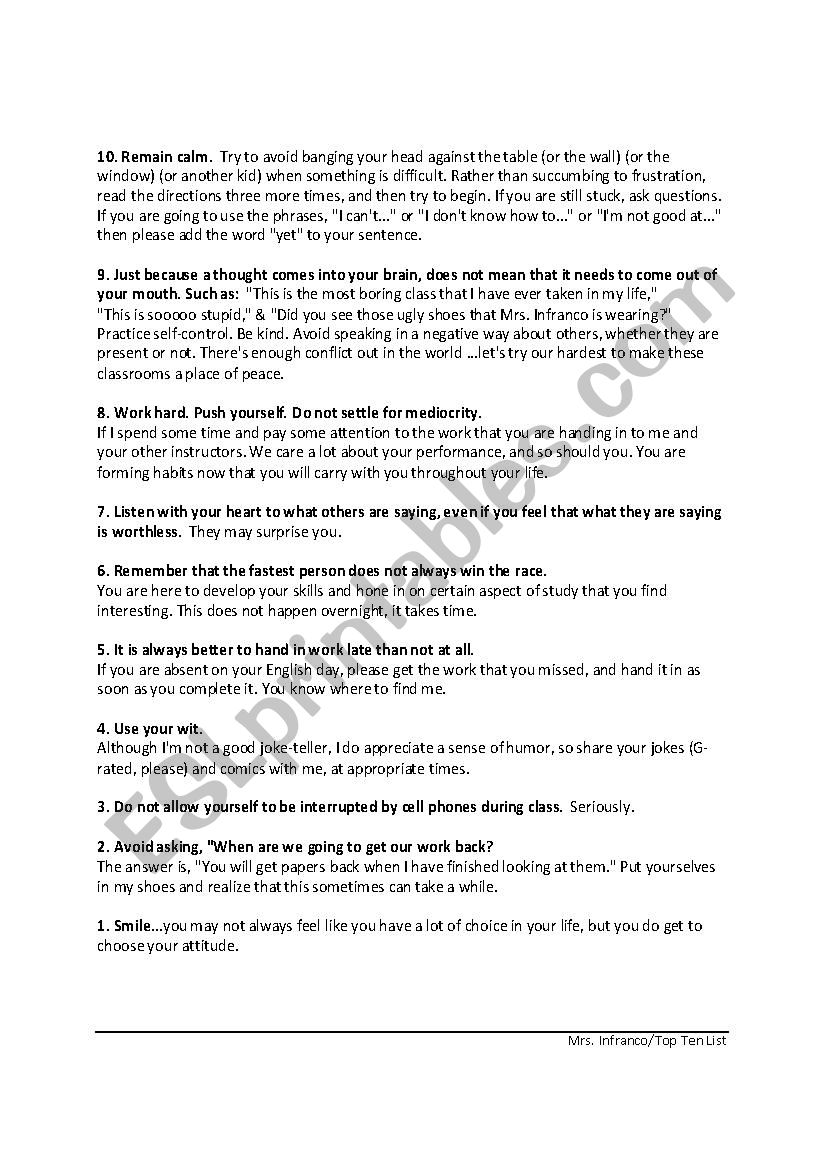 Top Ten List Assignment worksheet