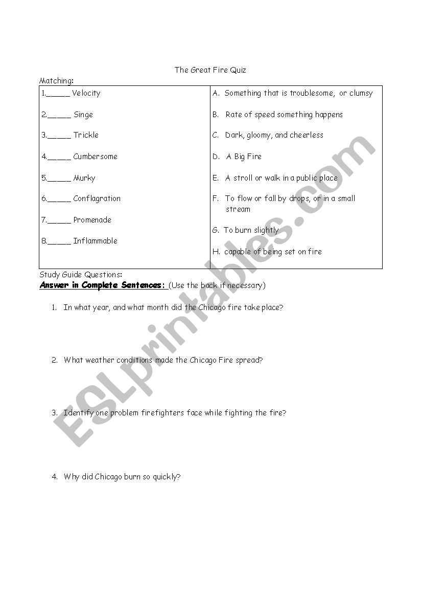 Great Fire Quiz worksheet