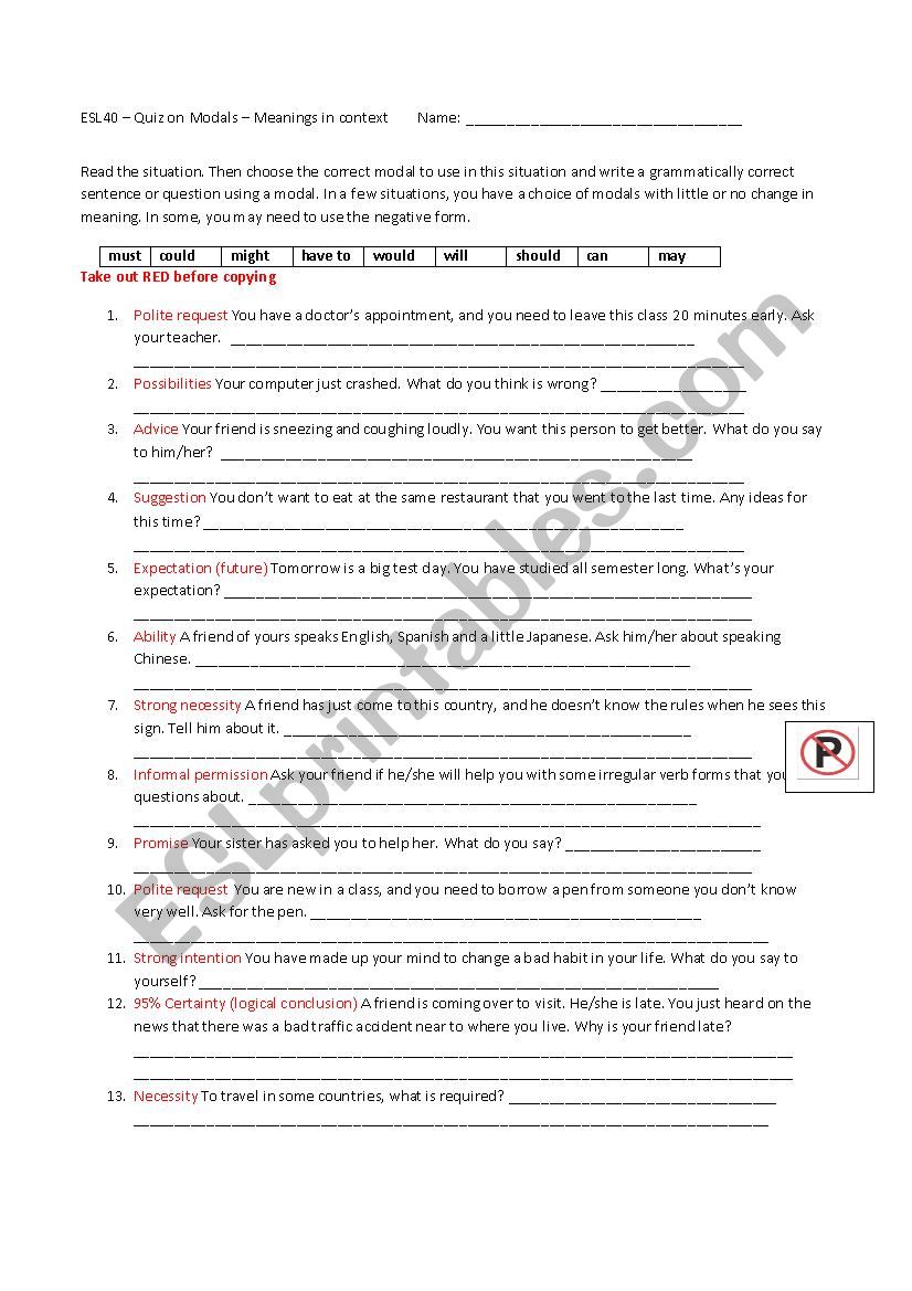 quiz to test modals usage esl worksheet by cheoma