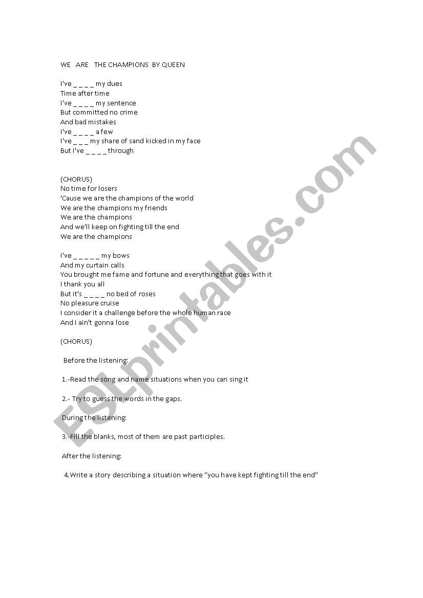 song We are the champions worksheet