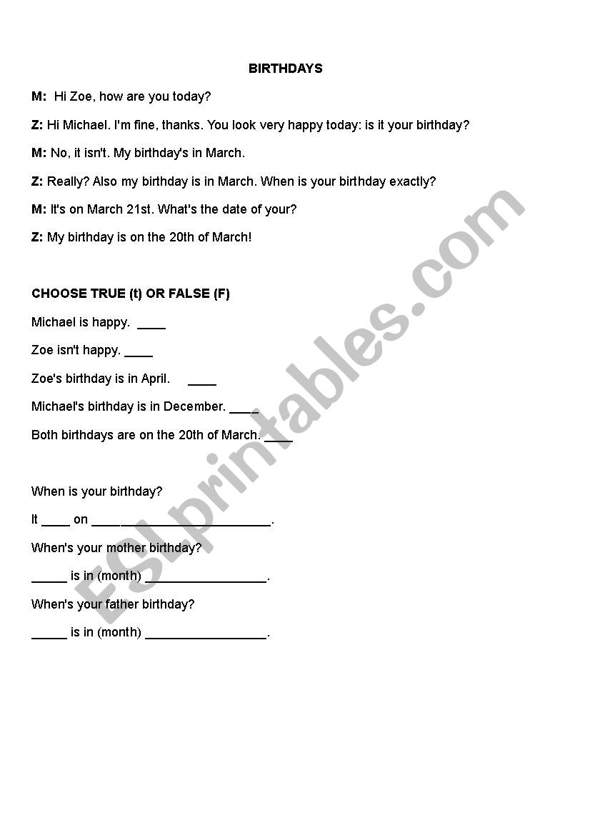 birthaday simple dialogue worksheet