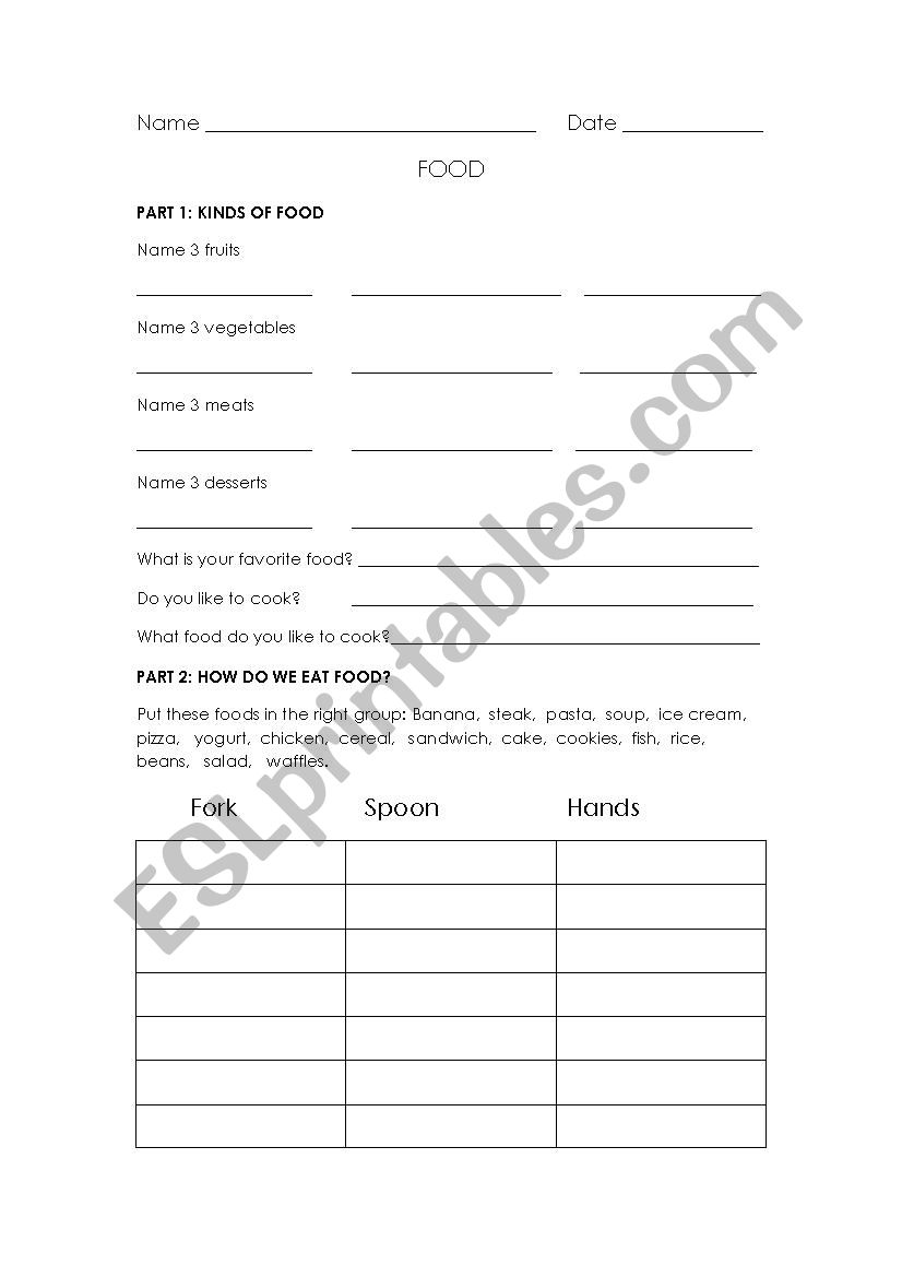 Foods worksheet