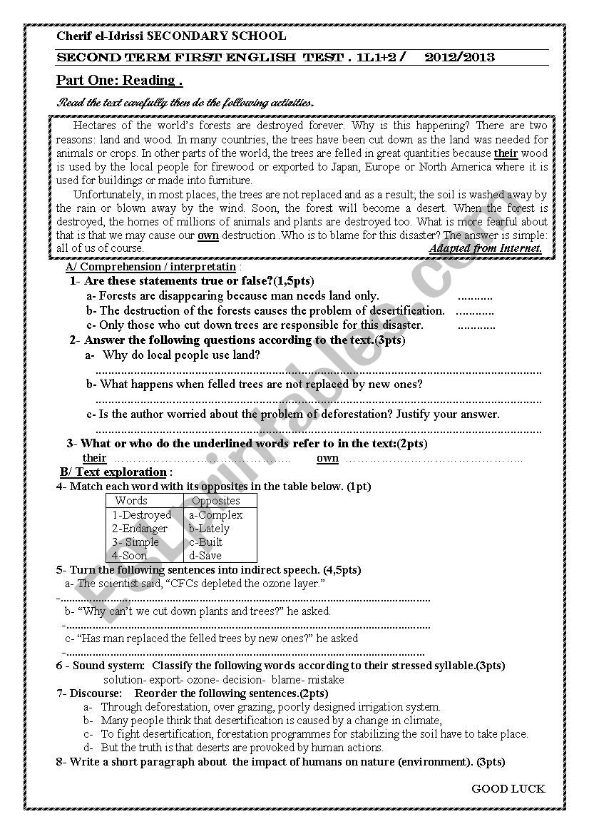 second term test worksheet