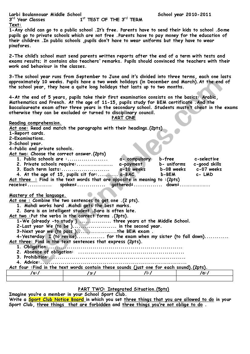 education in Algeria worksheet