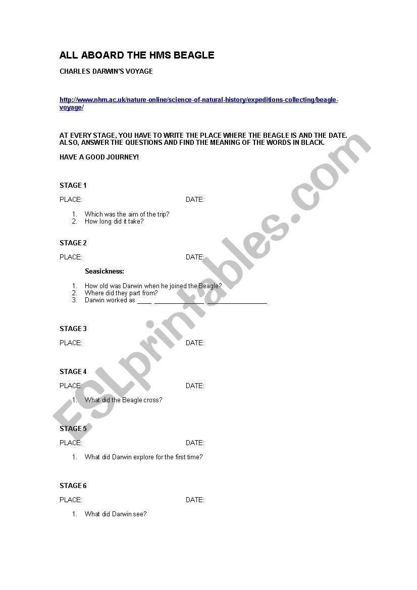 DARWINS BEAGLE worksheet