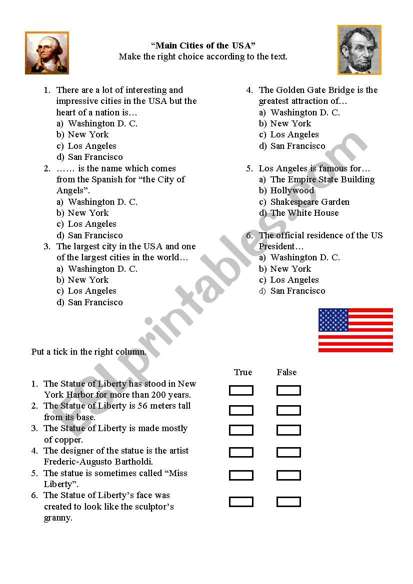 Main Cities of the USA worksheet