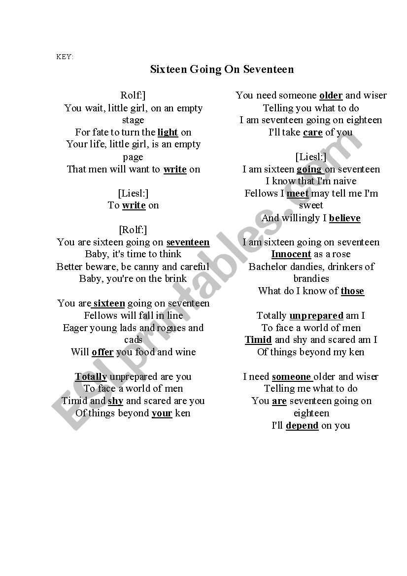 SIXTEEN GOING ON SEVENTEEN SONG - ESL worksheet by tima