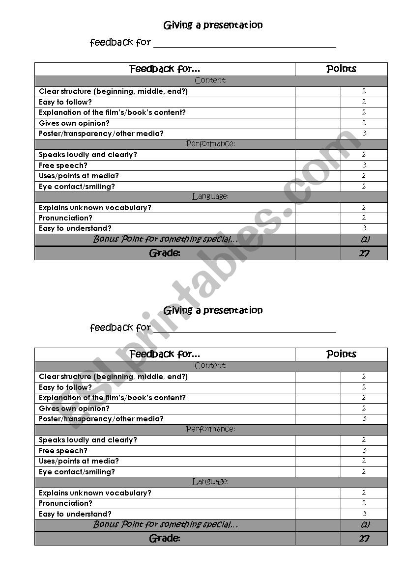 Short presentation about a film/book - grading grid 