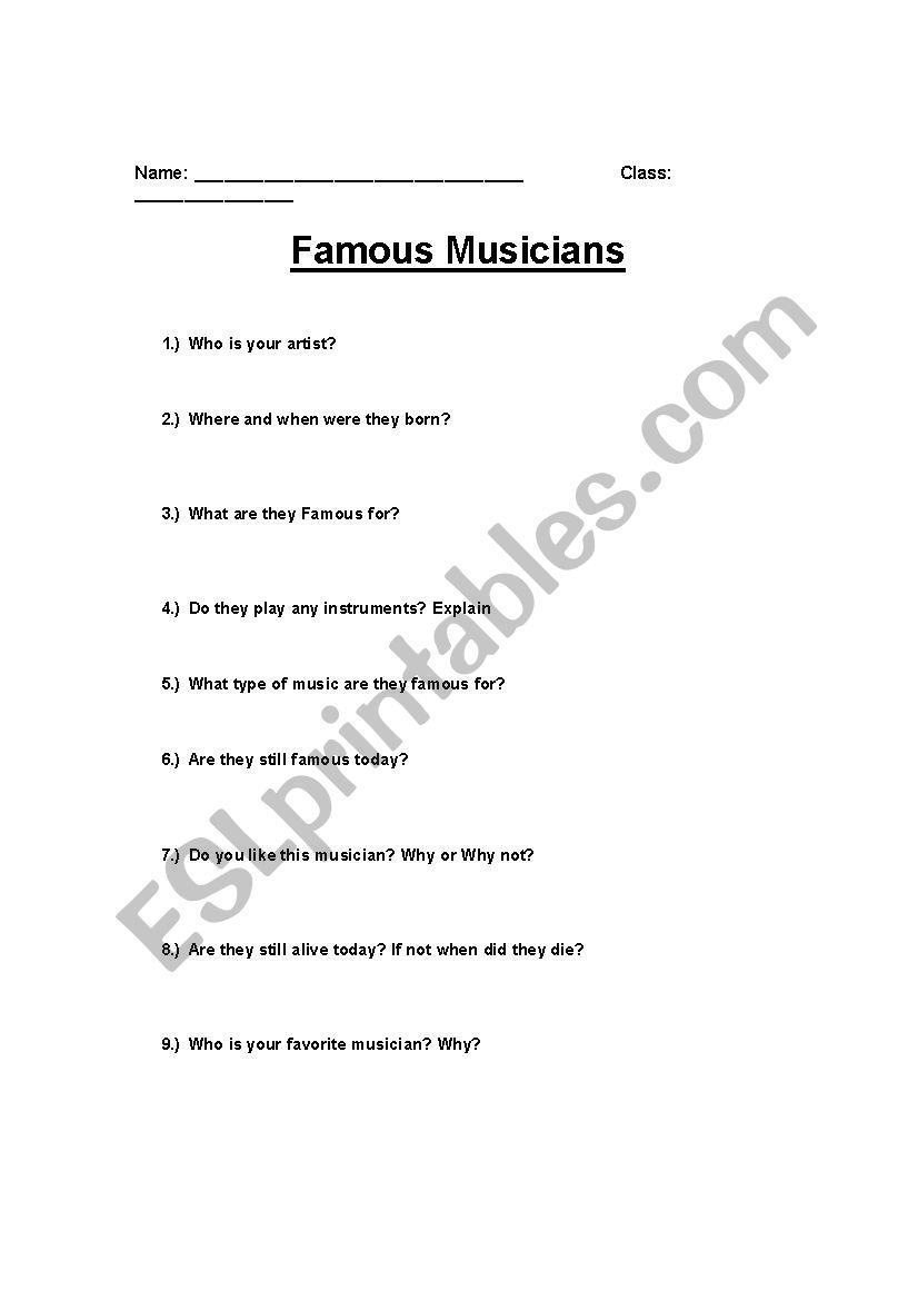 Famous Musician Template worksheet