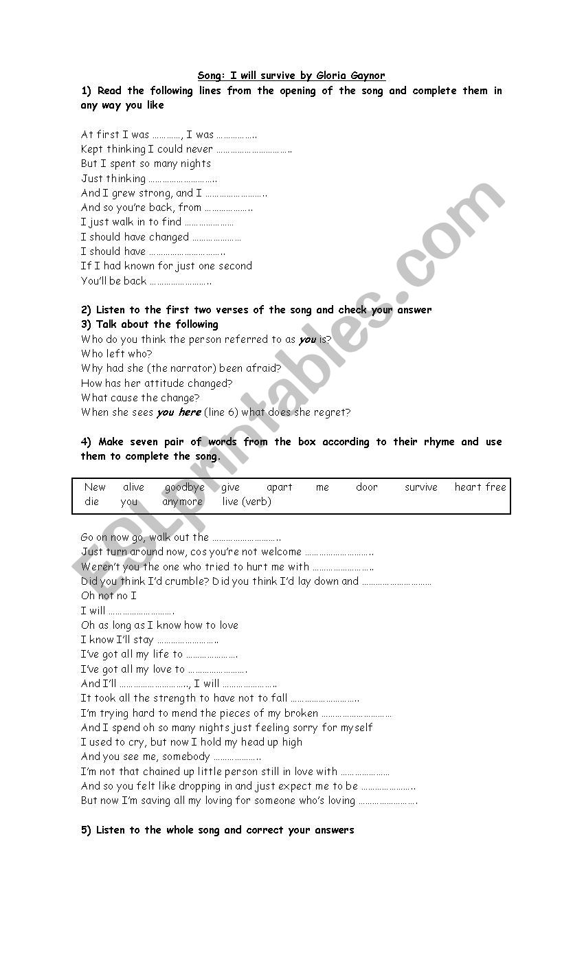 I will survive song worksheet