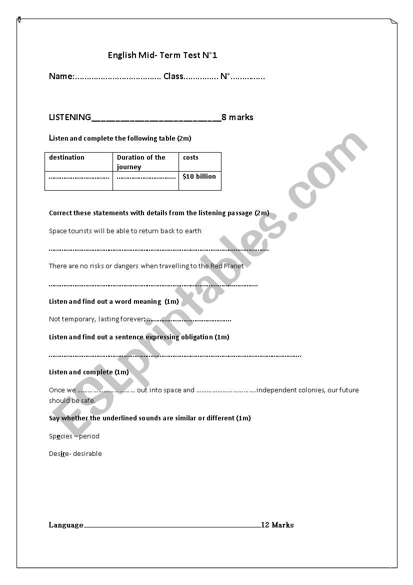 Mid-Term Test N1 worksheet