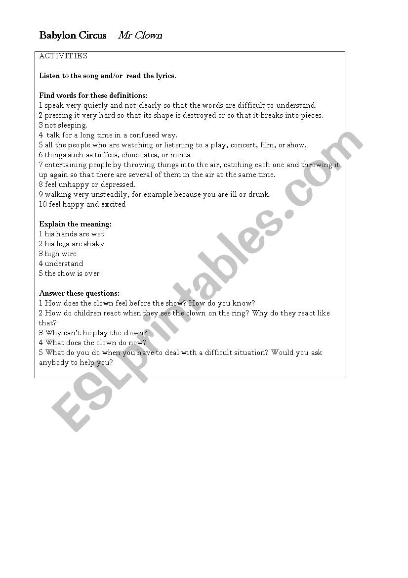 Mr Clown Babylon Circus worksheet