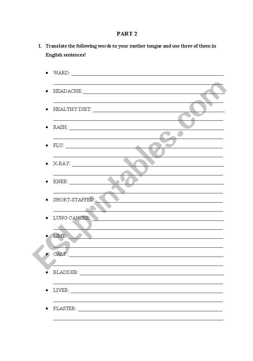 Medical English test worksheet