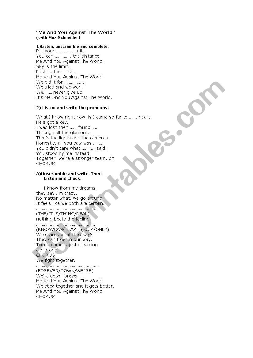 Me and You Against the World. Song by Max Scheider - ESL worksheet by ...