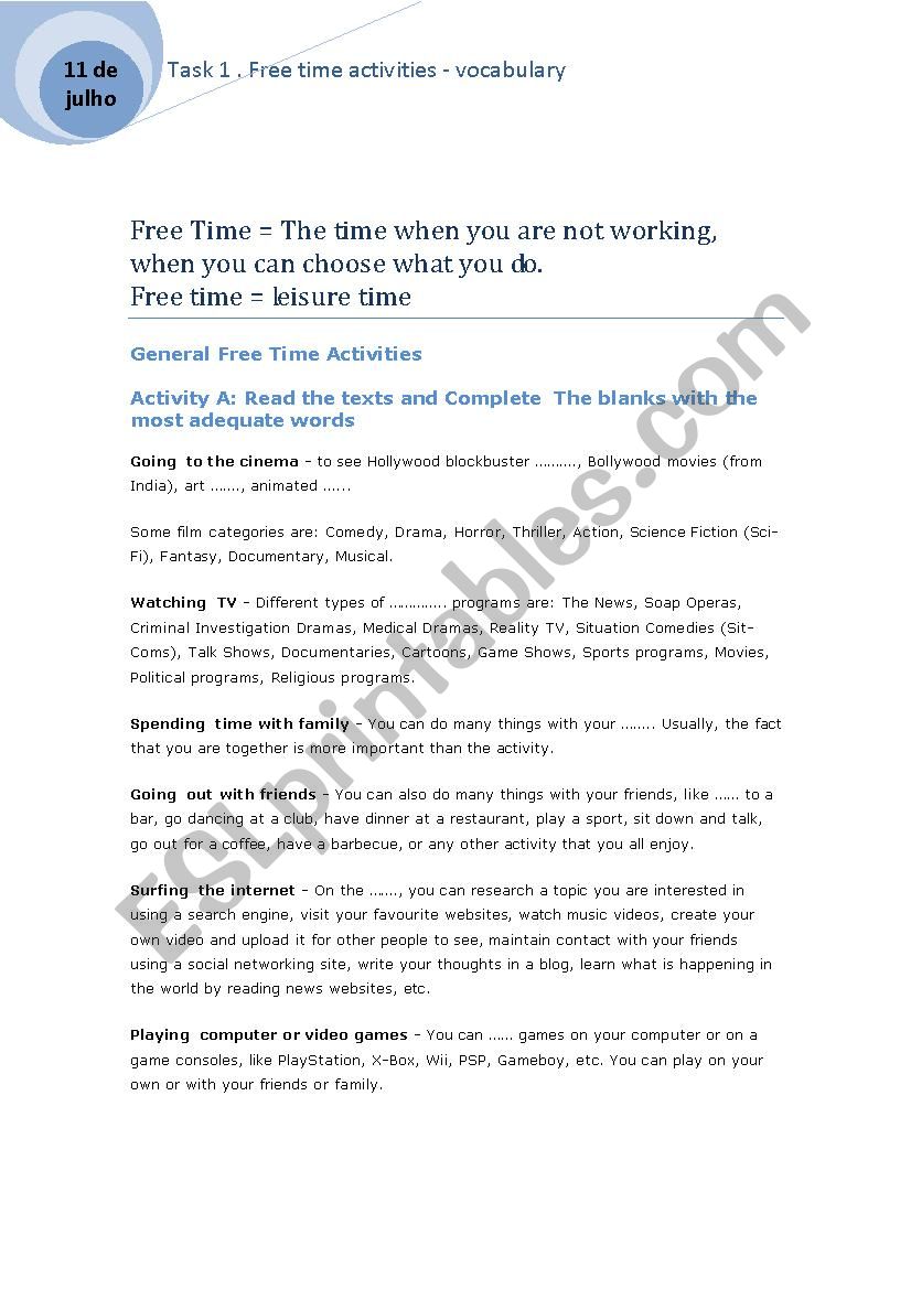 free time activities worksheet