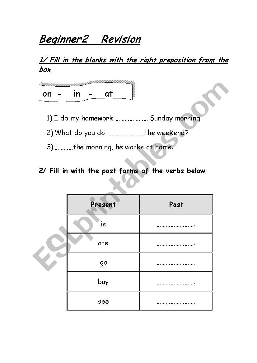 Beginner revision worksheet