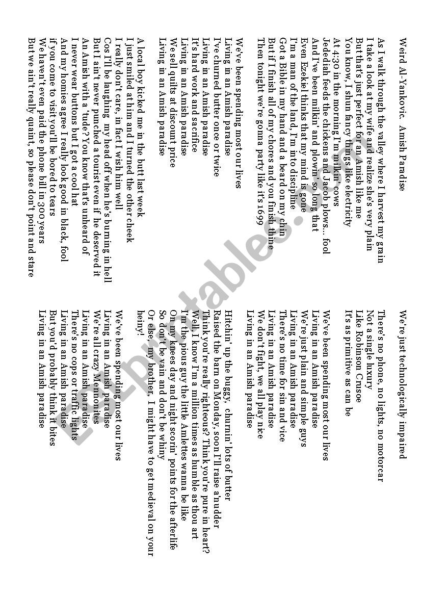 Amish Paradise - lyrics - ESL worksheet by pricess