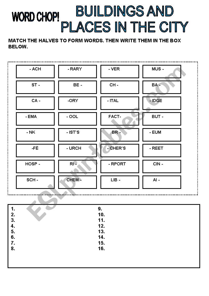 WORD CHOP - BUILDINGS worksheet