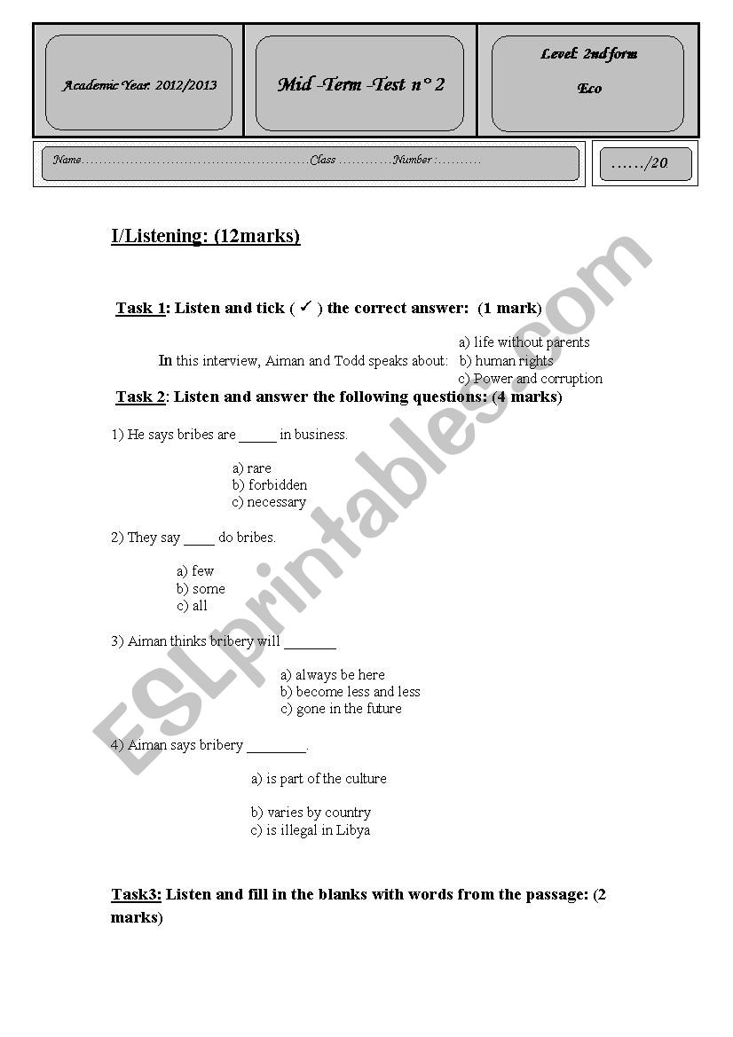 Mid Term Test 2 For 2nd Form ESL Worksheet By Monta