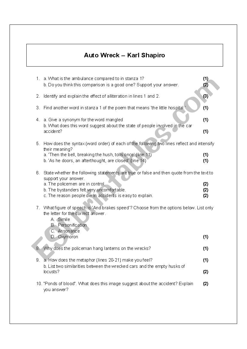 Auto Wreck - Worksheet worksheet