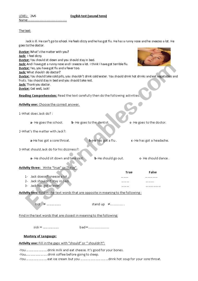 Test about Health  worksheet