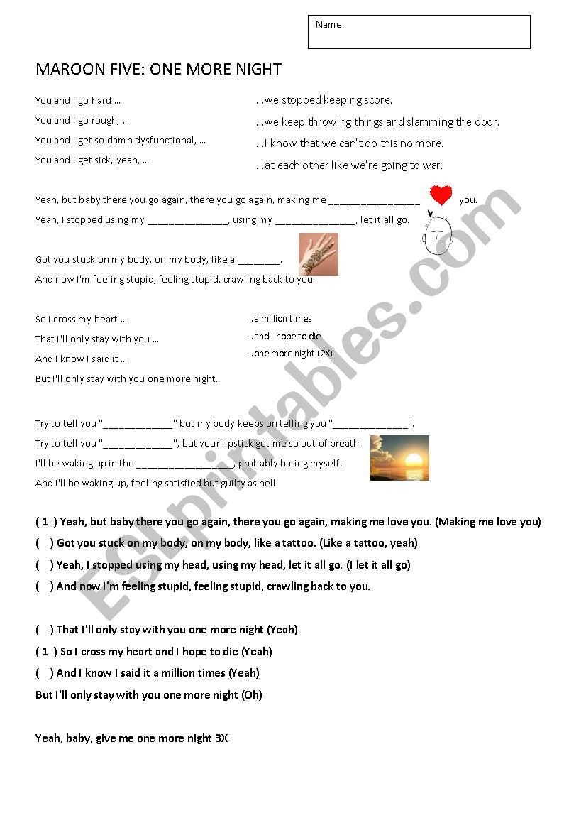 One More Night _ Maroon Five worksheet