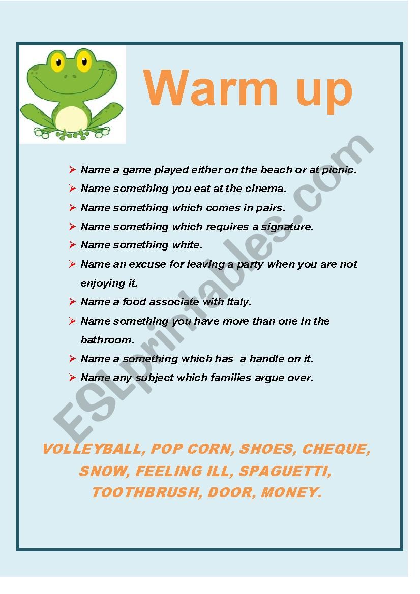 Warm Up ESL Worksheet By Sumerce