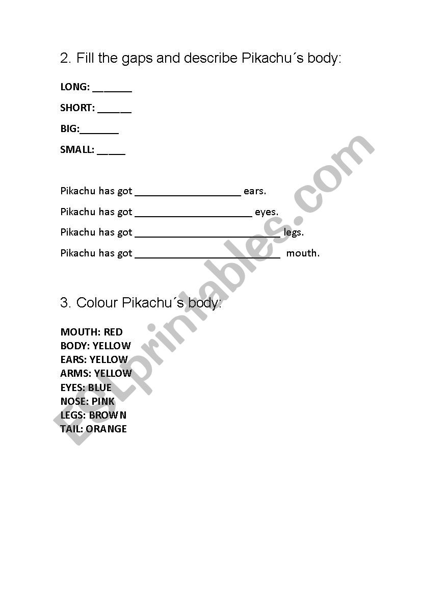 Pikachus body 2 worksheet