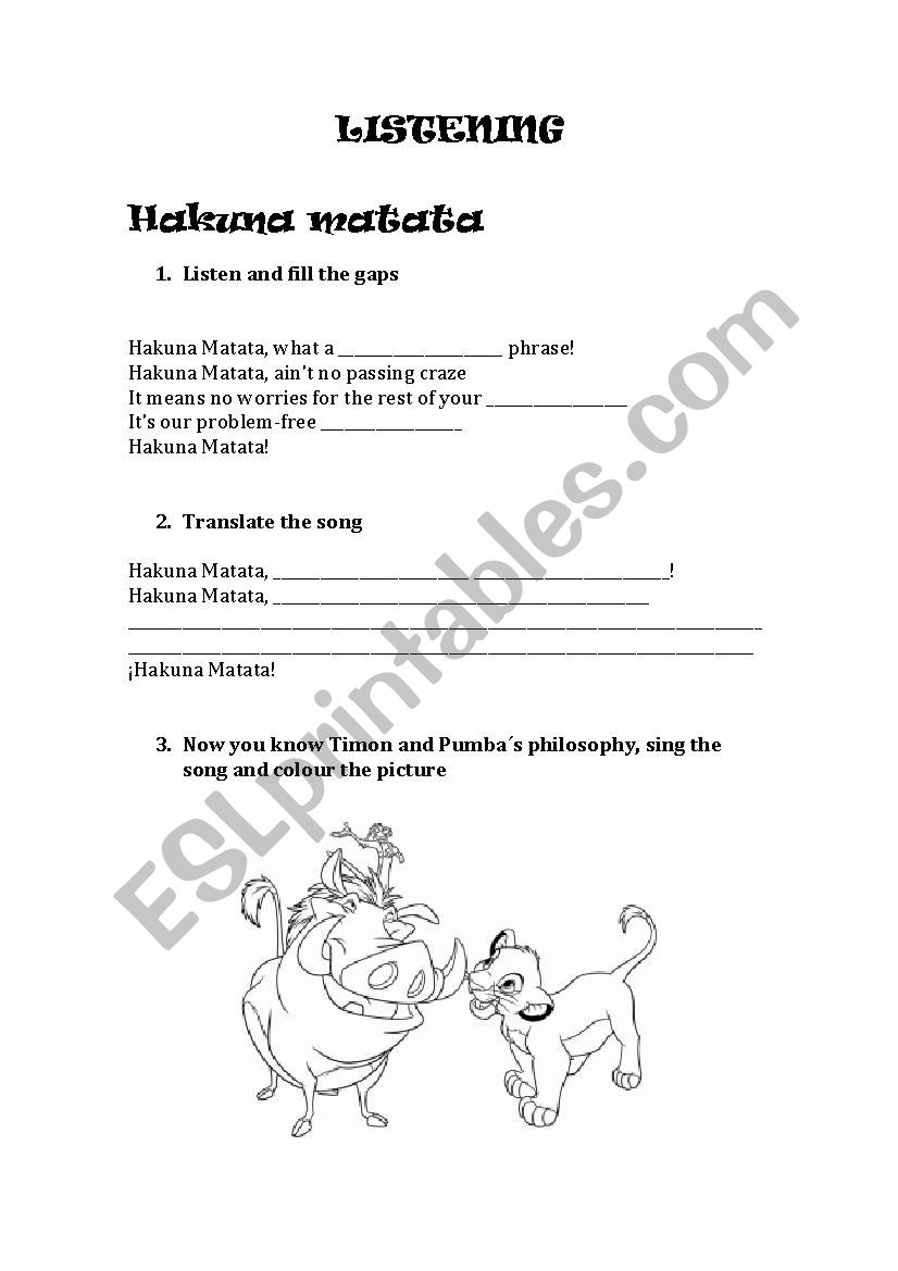 listening hakuna matata worksheet