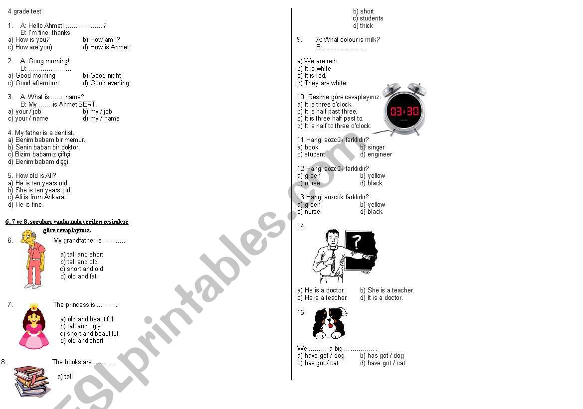 4.grade test part 1 worksheet