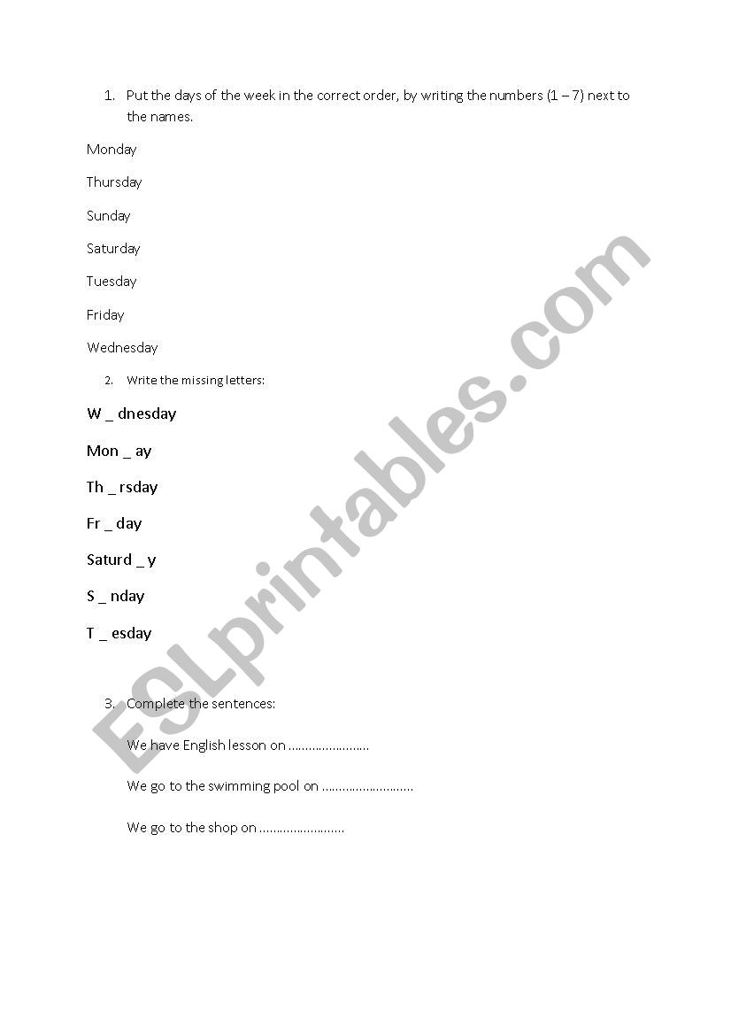 the days of the week worksheet