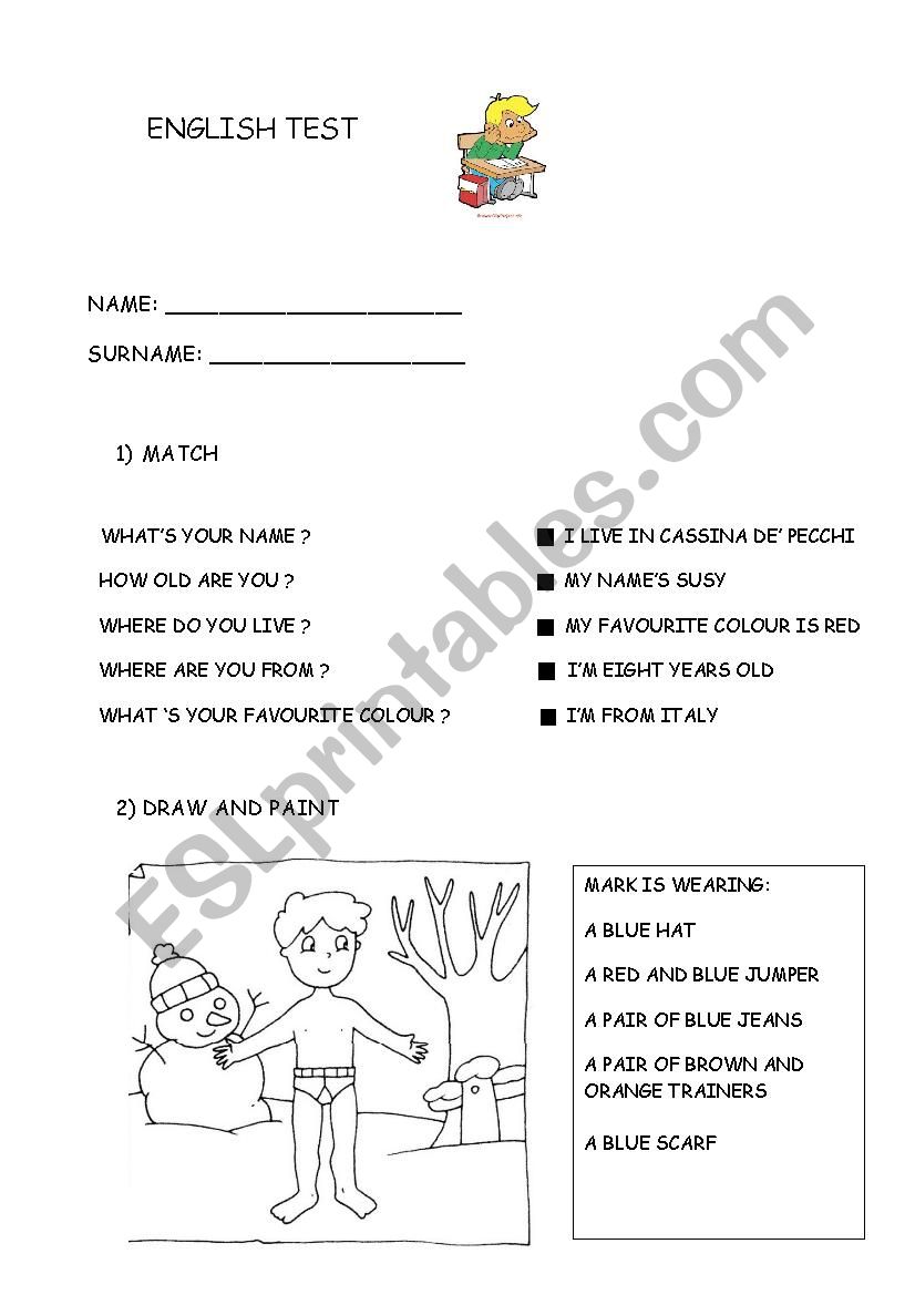 English Test - Match. draw and paint and put a cross