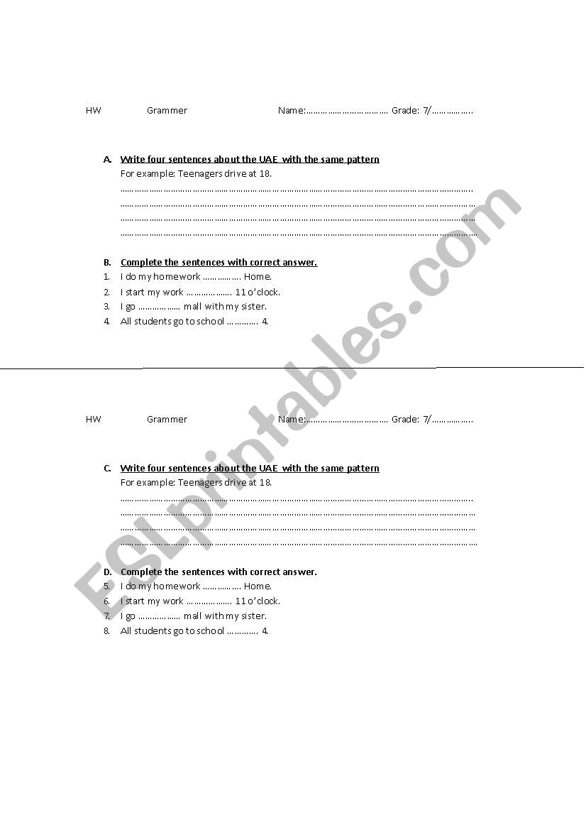 Home work - ESL worksheet by TEACHER ONE