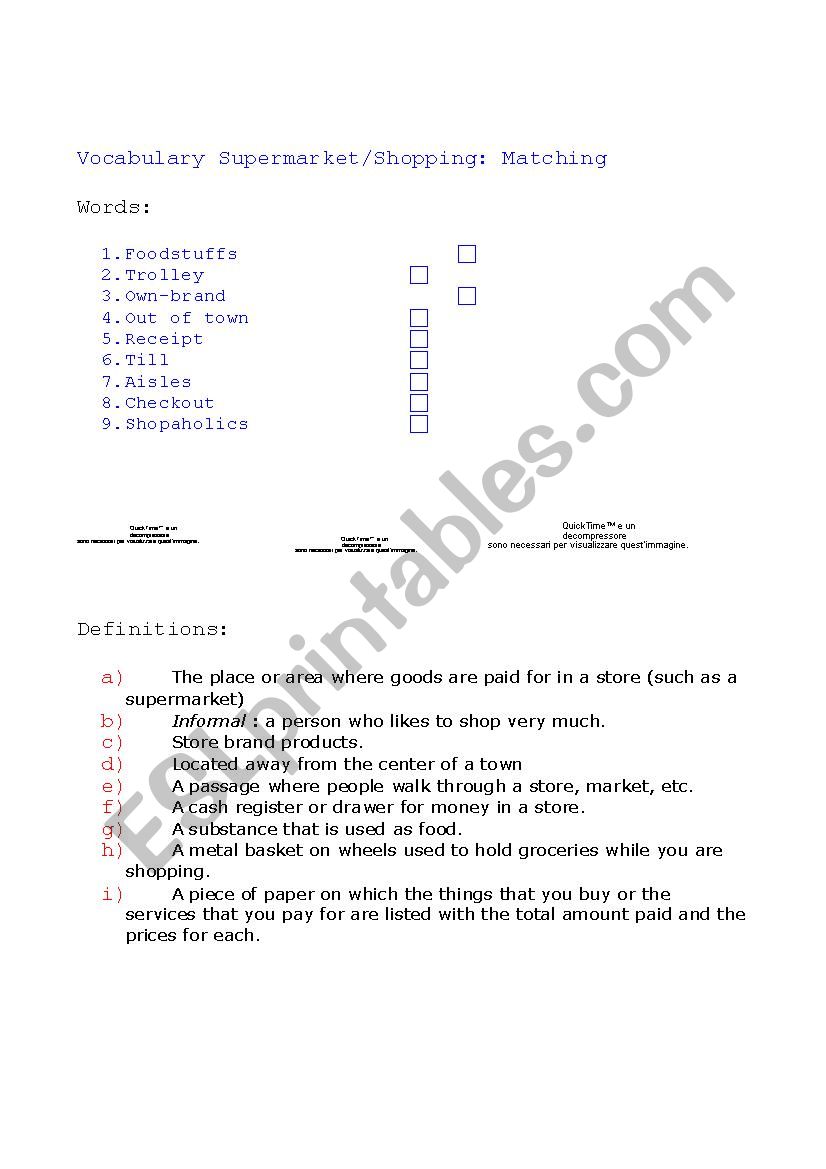 vocabulary worksheet (supermarket) 