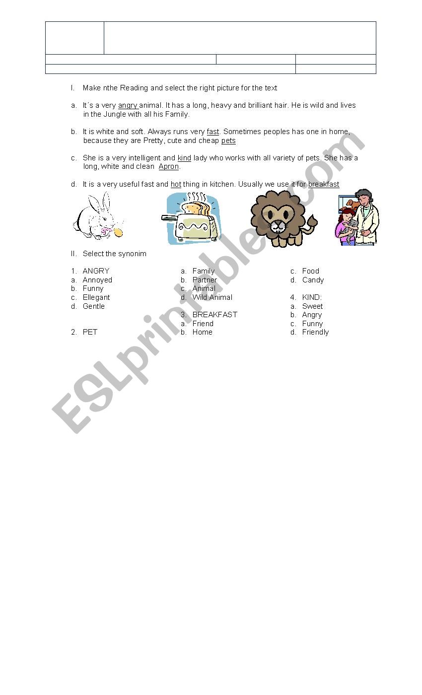 vocabulary match worksheet