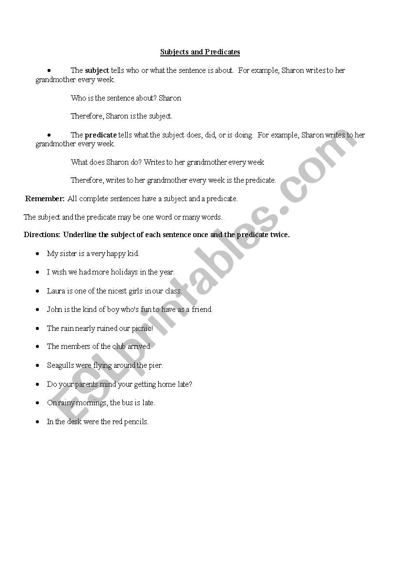 Subjects and Predicates worksheet