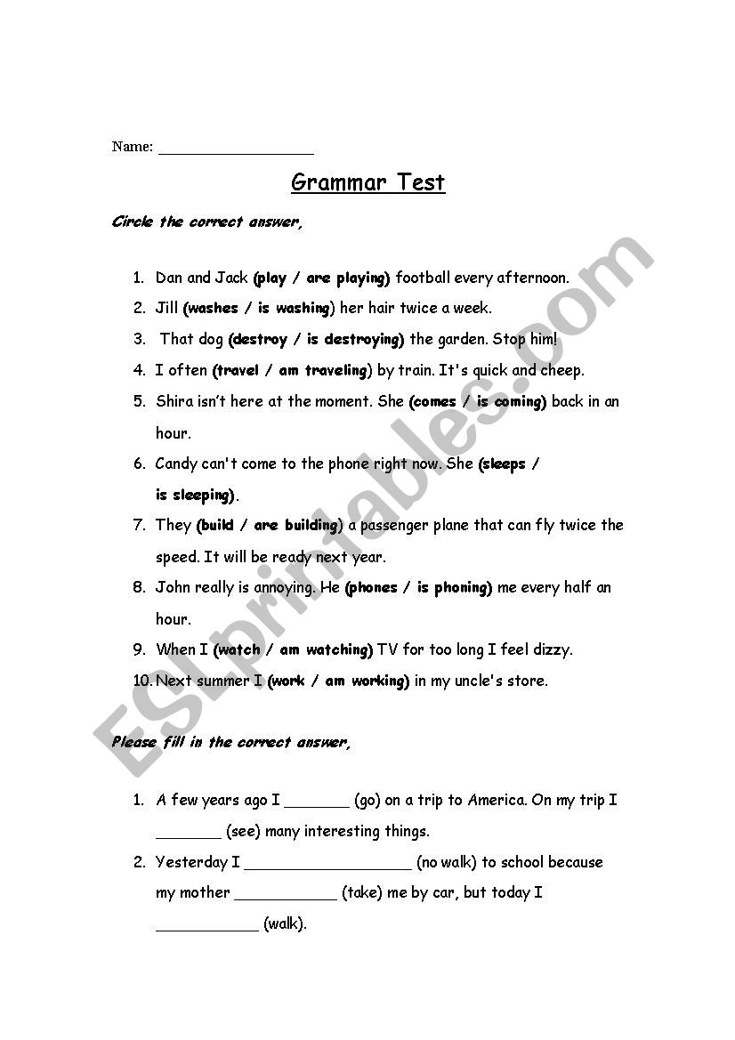 Grammar test ESL worksheet by sari1677
