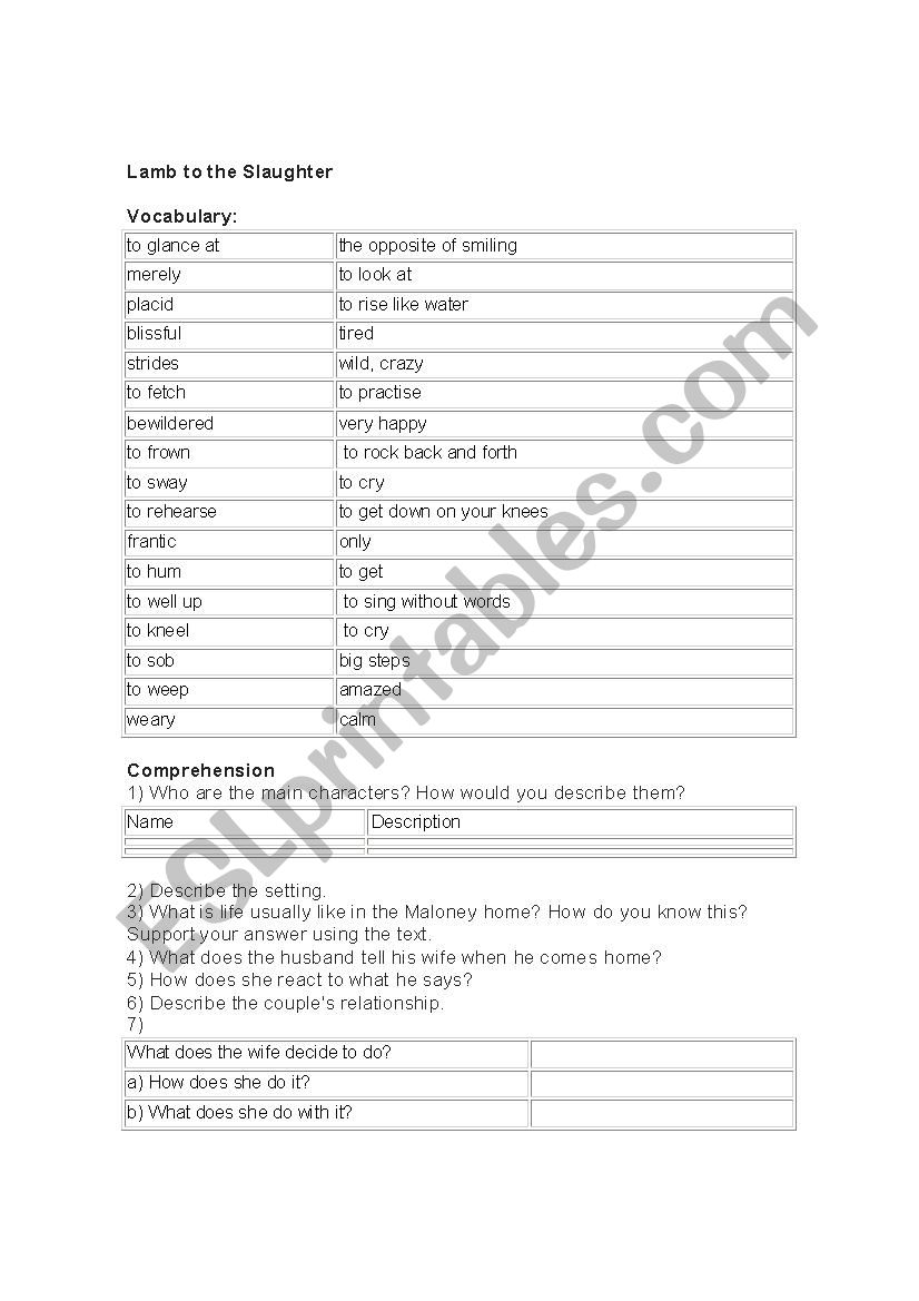 Lamb to slaughter worksheet