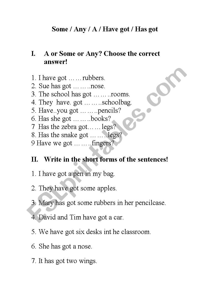 Have got/has got worksheet