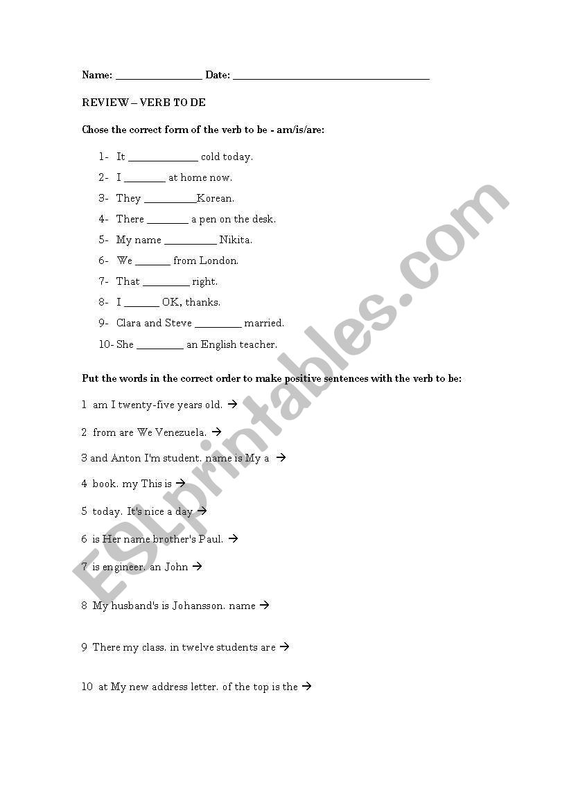 TO BE worksheet