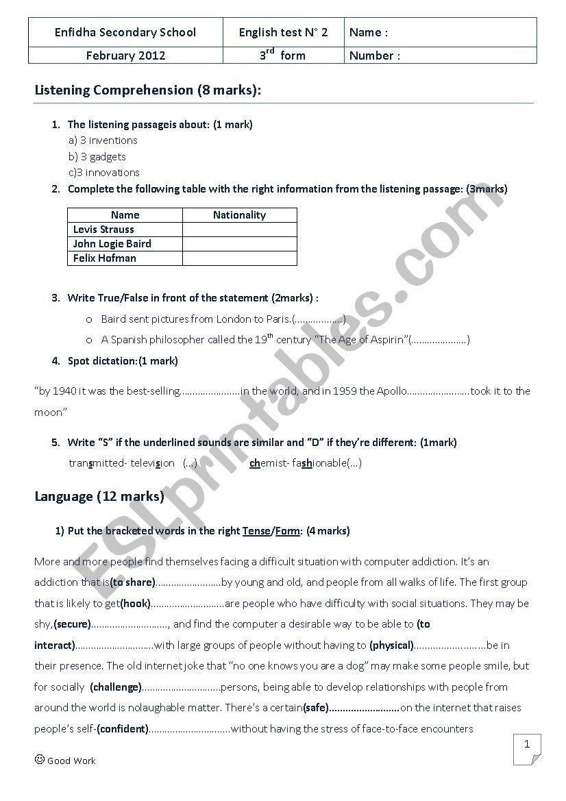 3rd Form ESL Worksheet By Zakaria1975