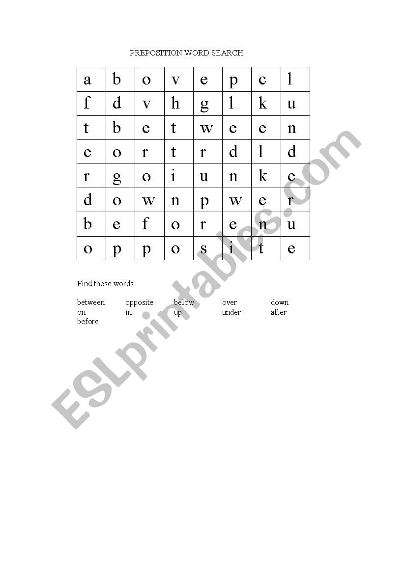 preposition  wordsearch worksheet