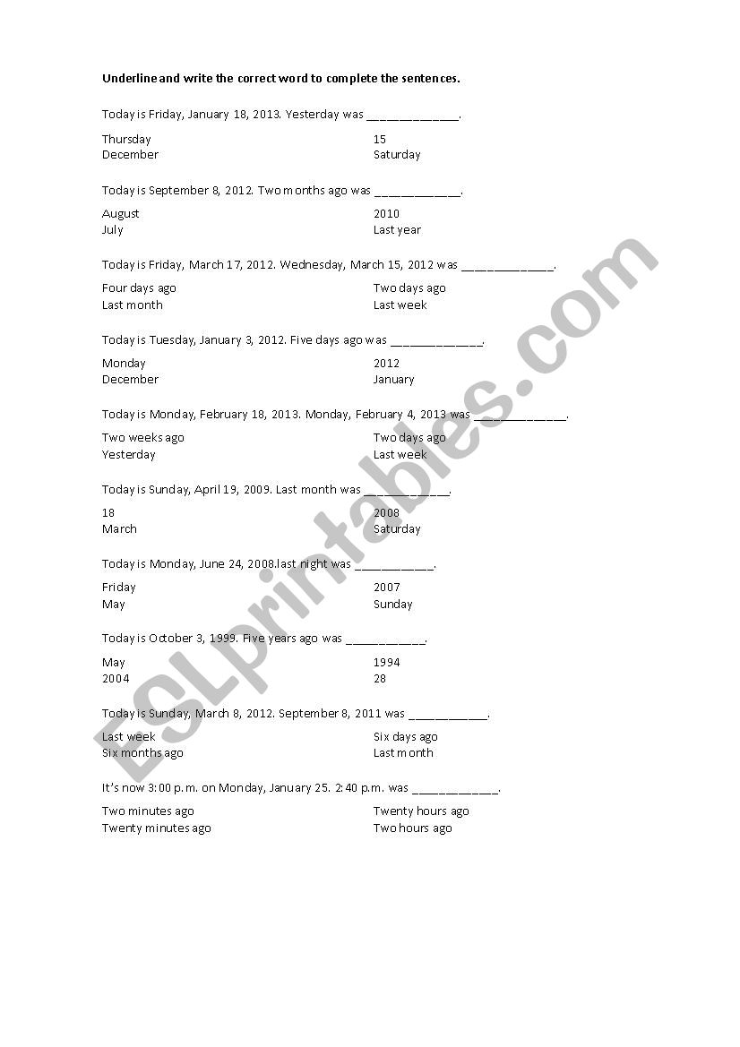 time phrases worksheet