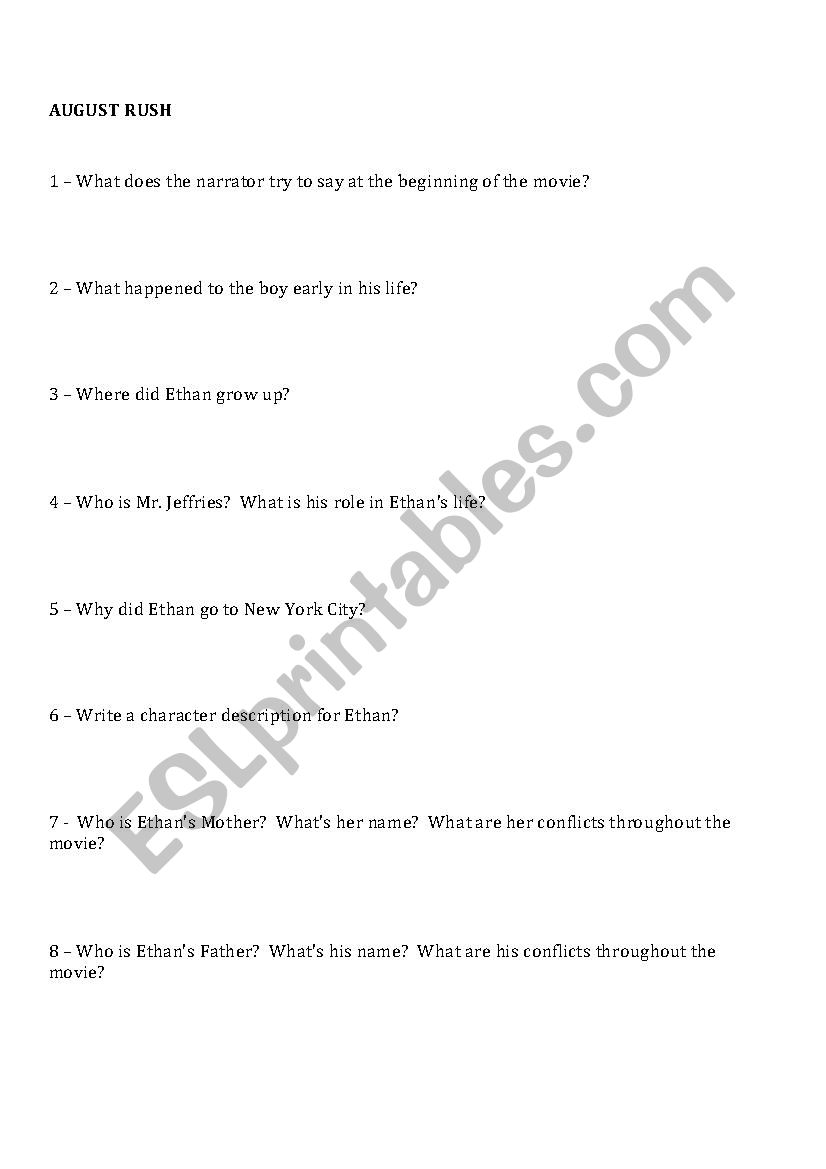August Rush Movie Questions worksheet