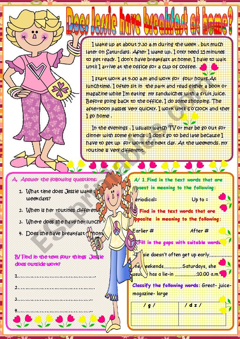 Does Jessie have breakfast at home? - ESL worksheet by Faiza Amani