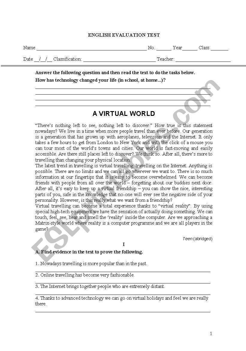 A virtual world worksheet