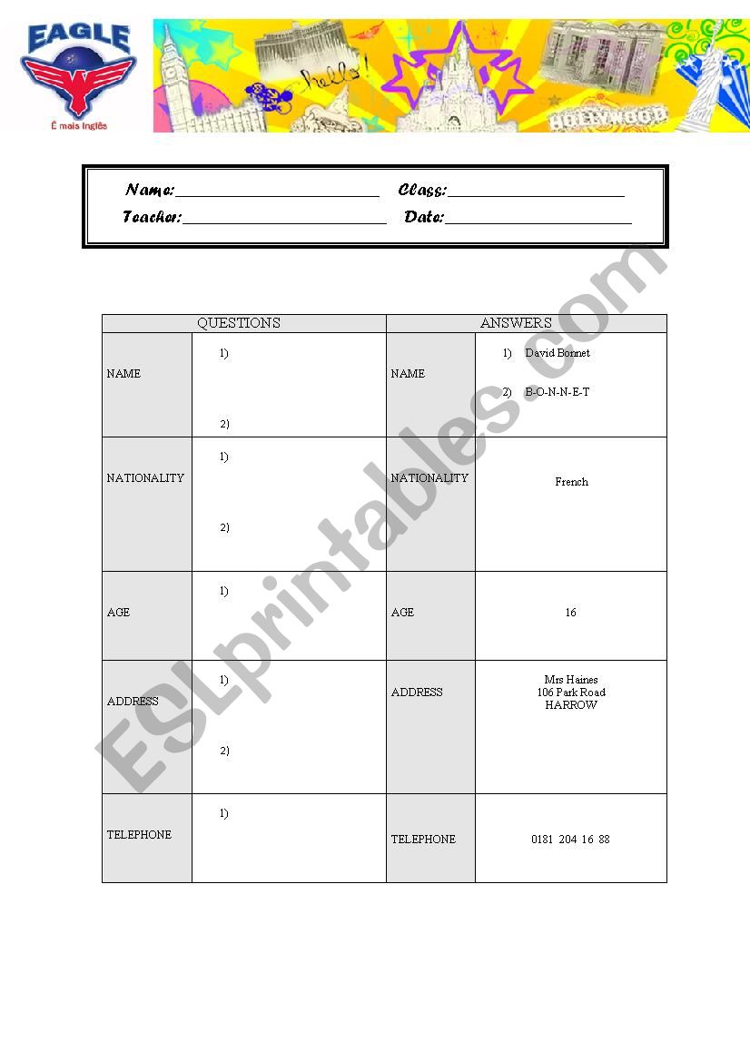 Personal Information Review worksheet