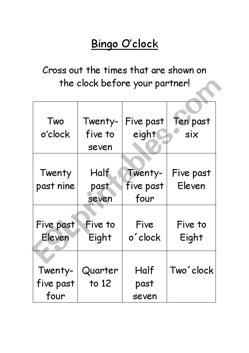 Bingo Oclock worksheet